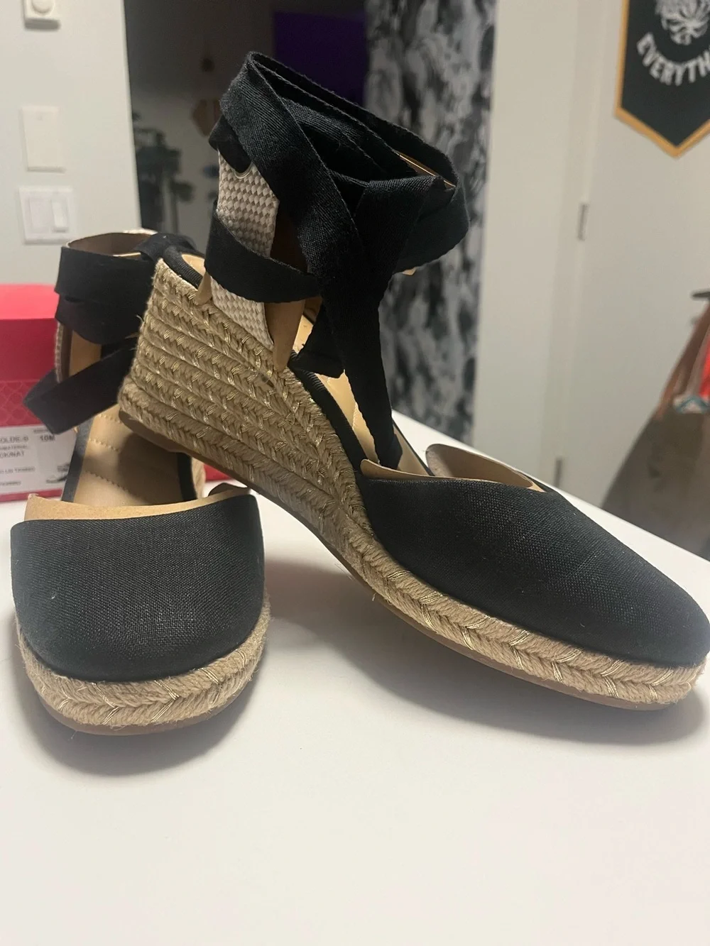 Kelly & Katie Black Espadrille Wedge Sandals with Ankle Tie, size 10